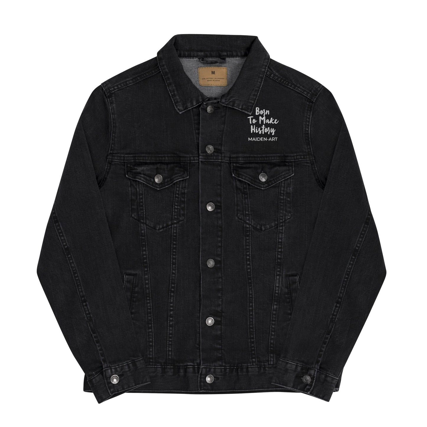 Black denim jacket with text on the chest against a white background