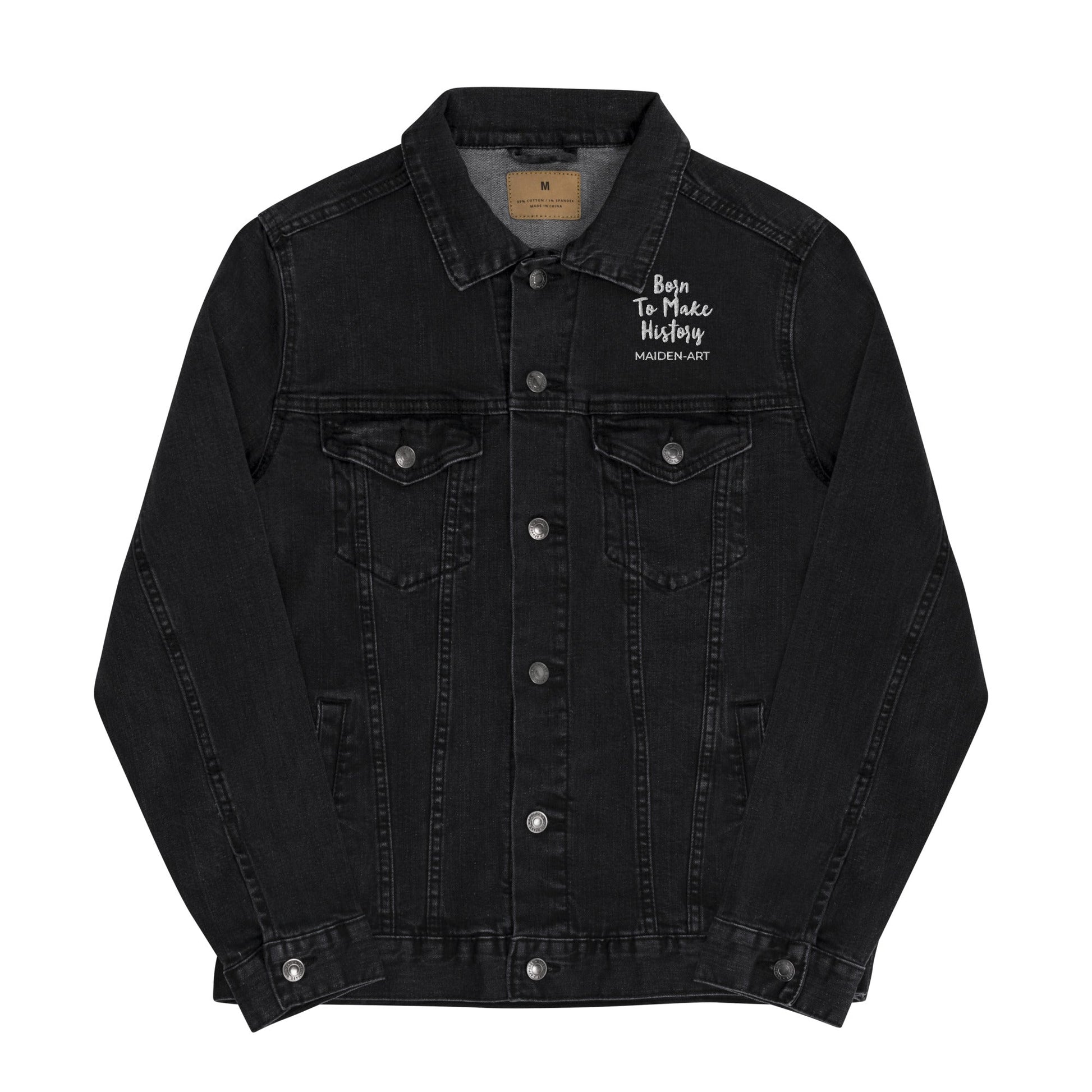 Black denim jacket with text on the chest against a white background