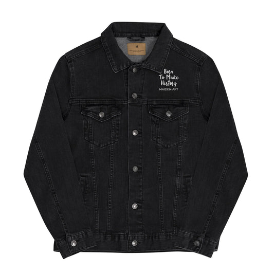 Black denim jacket with text on the chest against a white background
