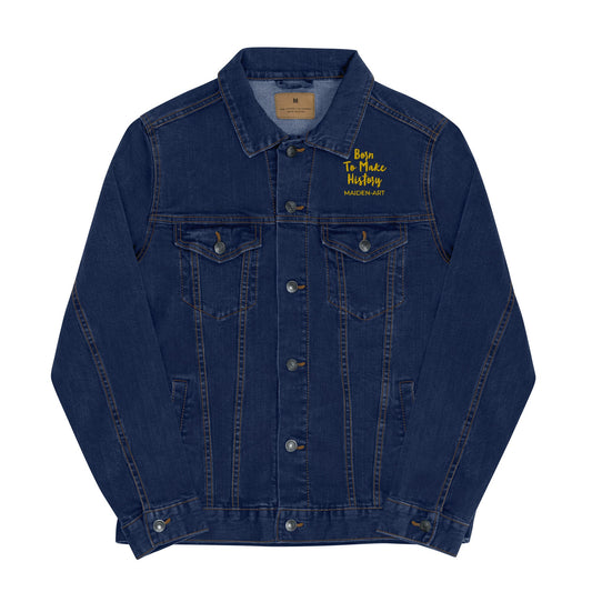 Blue denim jacket with text on a white background