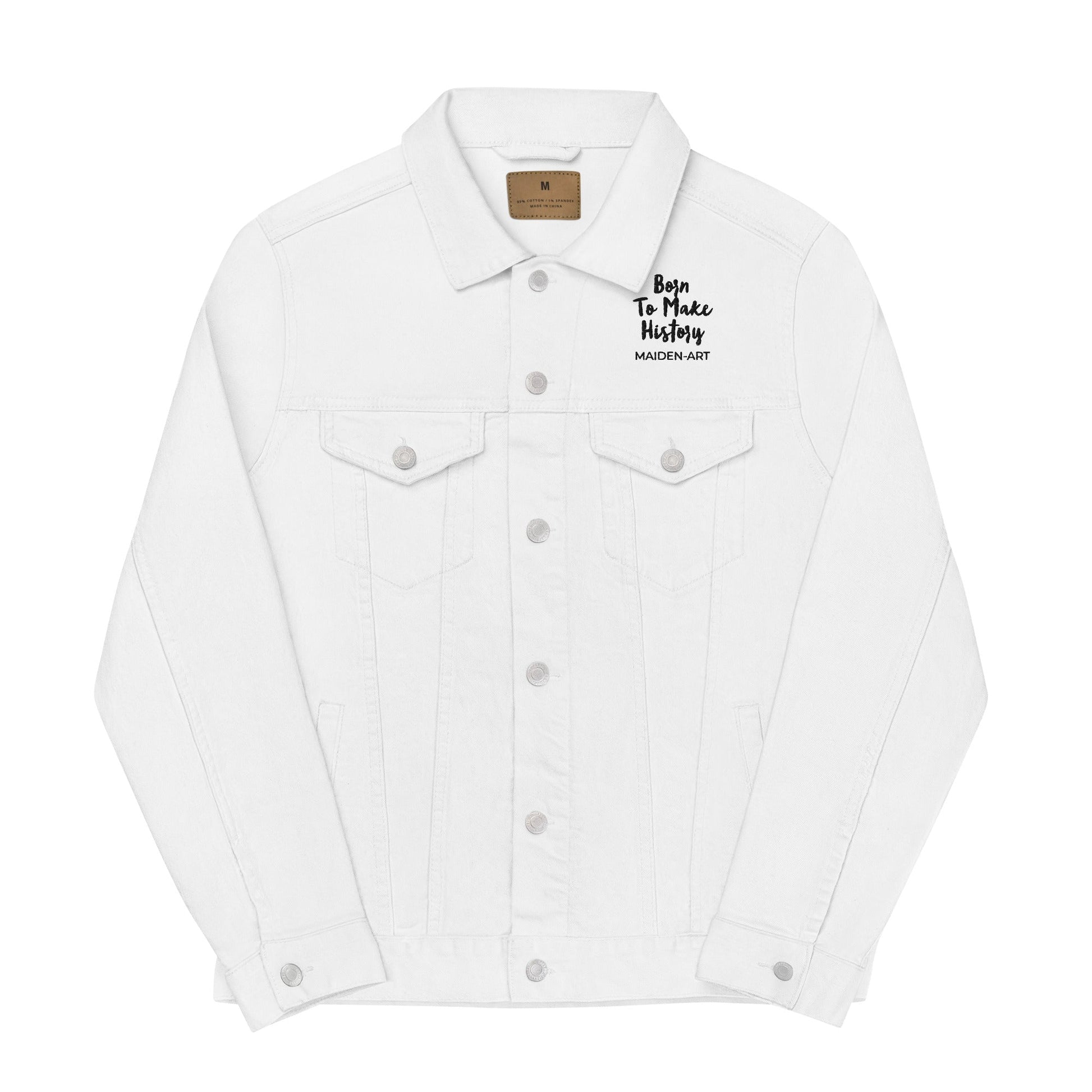 White denim jacket with text on a white background