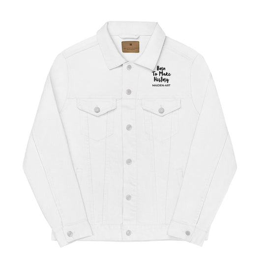White denim jacket with text on a white background