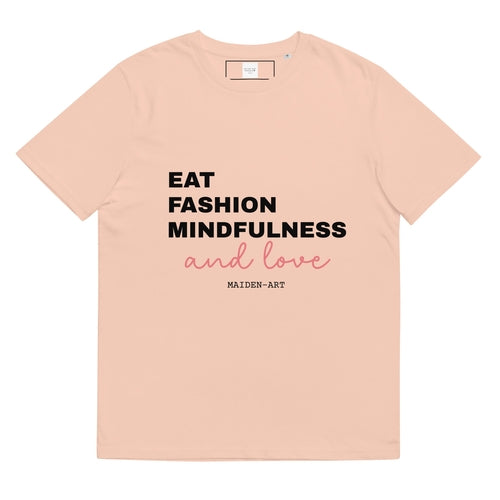 Beige t-shirt with black and pink text on a white background