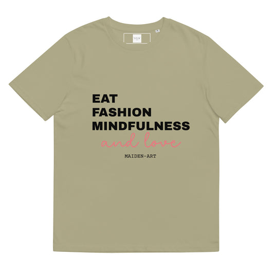 Beige t-shirt with black and pink text on a white background