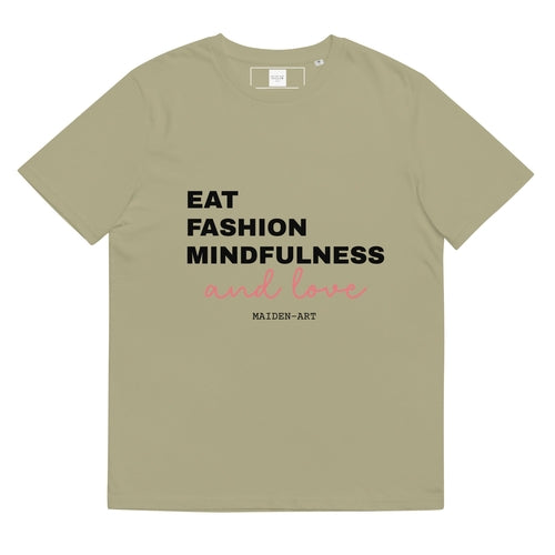 Beige t-shirt with text 'Eat Fashion Mindfulness and Love' on a white background