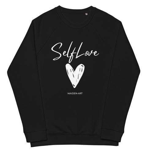 Black sweatshirt with 'Self Love' and a heart design on a white background