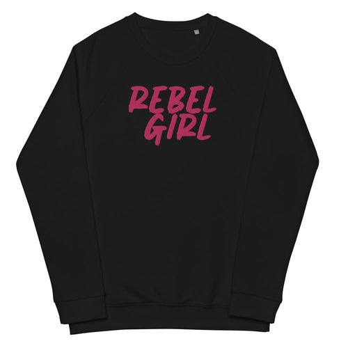 Black sweatshirt with 'REBEL GIRL' in pink text on a white background