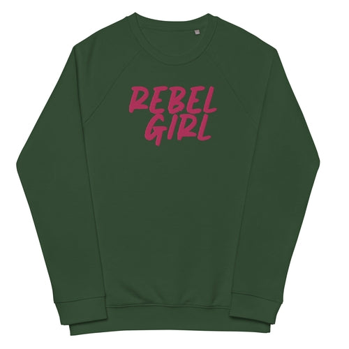Green sweatshirt with 'REBEL GIRL' in pink text on a white background