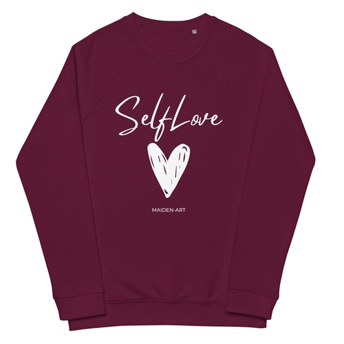 Maroon sweatshirt with 'Self Love' and a heart design on a white background