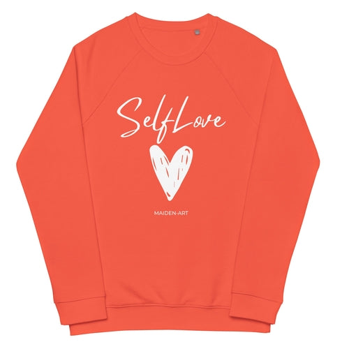 Orange sweatshirt with 'Self Love' and a heart design on a white background