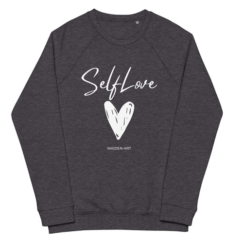 Dark gray sweatshirt with 'Self Love' and a heart design on a white background