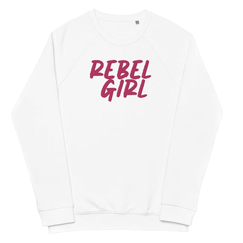 White sweatshirt with 'REBEL GIRL' text in pink on a white background