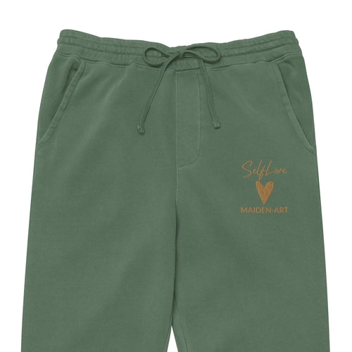 Green sweatpants with 'Maiden Art' logo on a white background