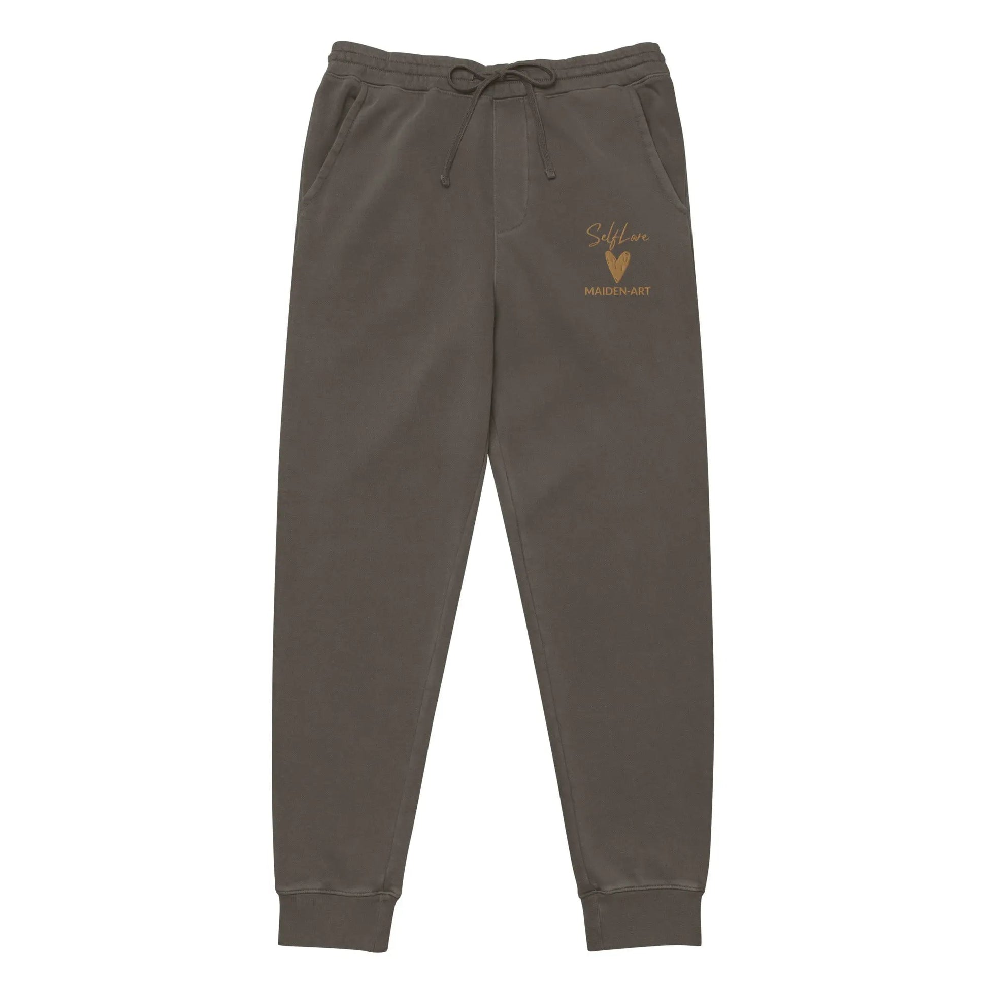 Brown sweatpants with a logo on a white background