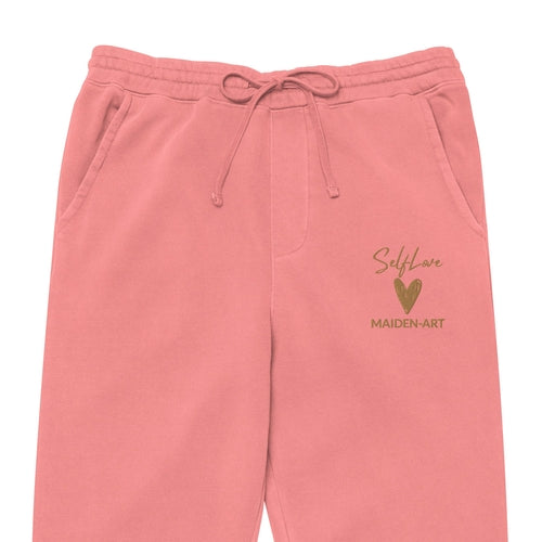 Pink sweatpants with 'Maiden-Art' logo on a white background