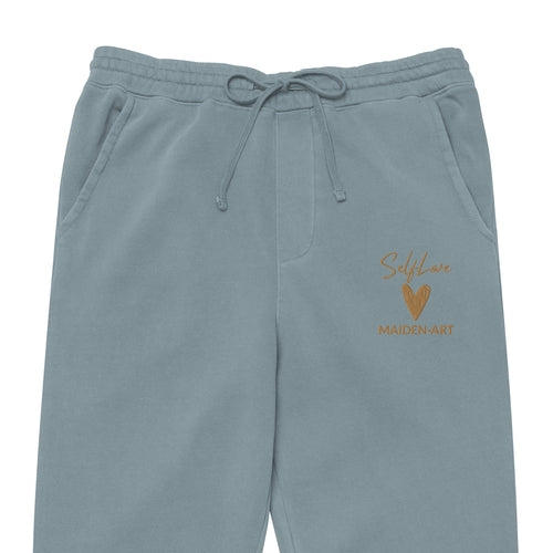 Light blue sweatpants with 'Maiden Art' logo on a white background