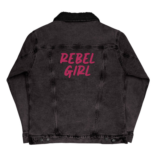 Black denim jacket with 'REBEL GIRL' text on the back against a white background