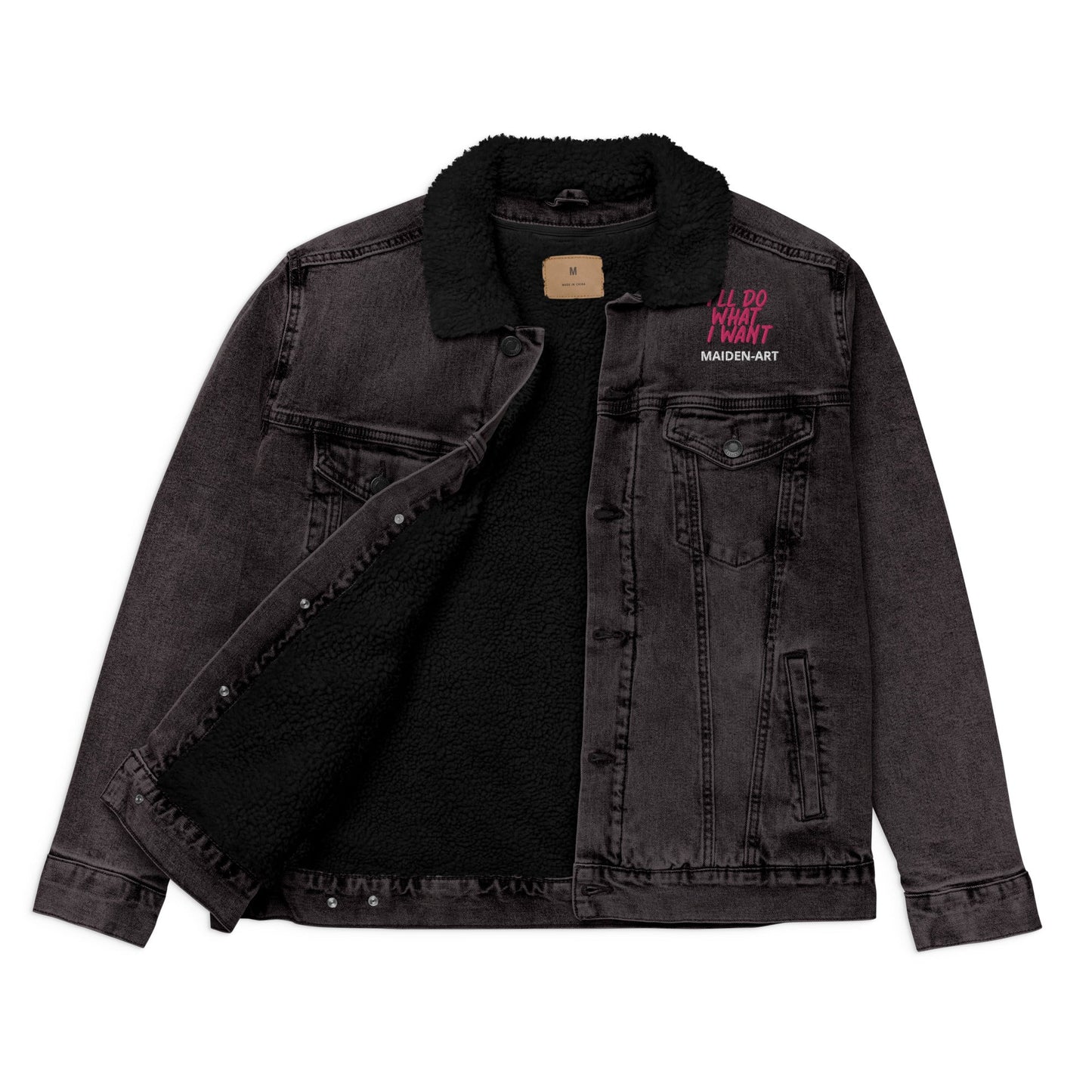 Black denim jacket with embroidery on a white background