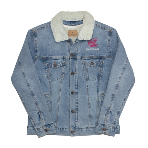 Denim jacket with white sherpa lining and embroidered text on a white background