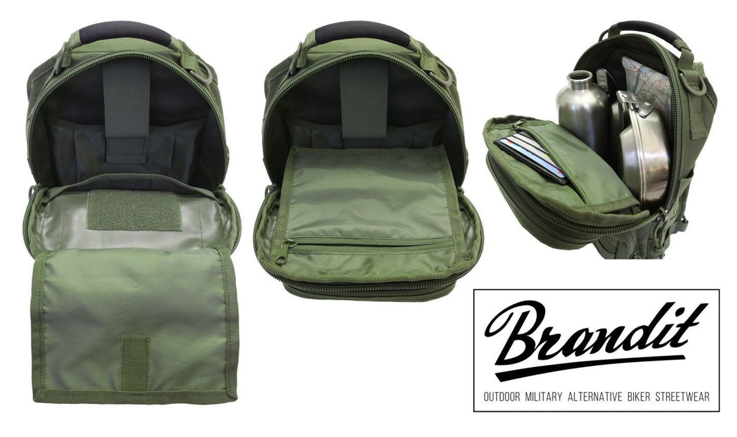 Green backpack with multiple compartments and a Brandit logo.