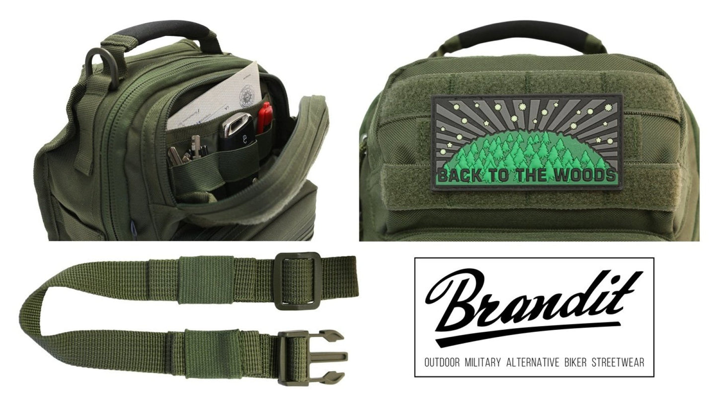 Green tactical bag with 'Back to the Woods' patch and Brandit logo.