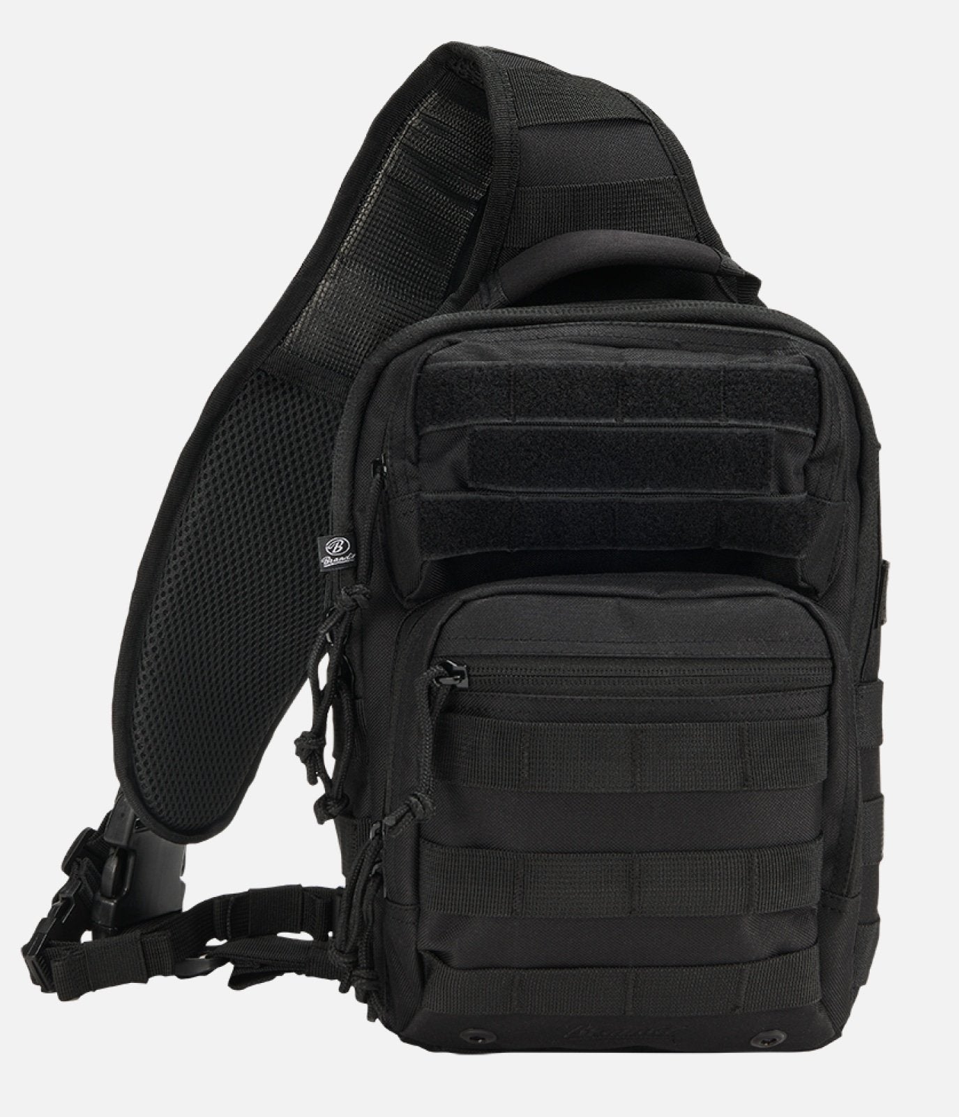 Black tactical sling bag on a white background
