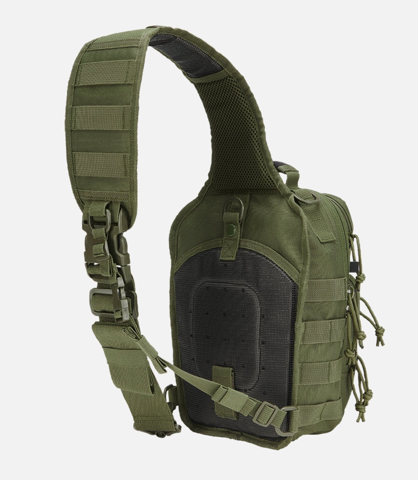 Green tactical sling bag on a white background