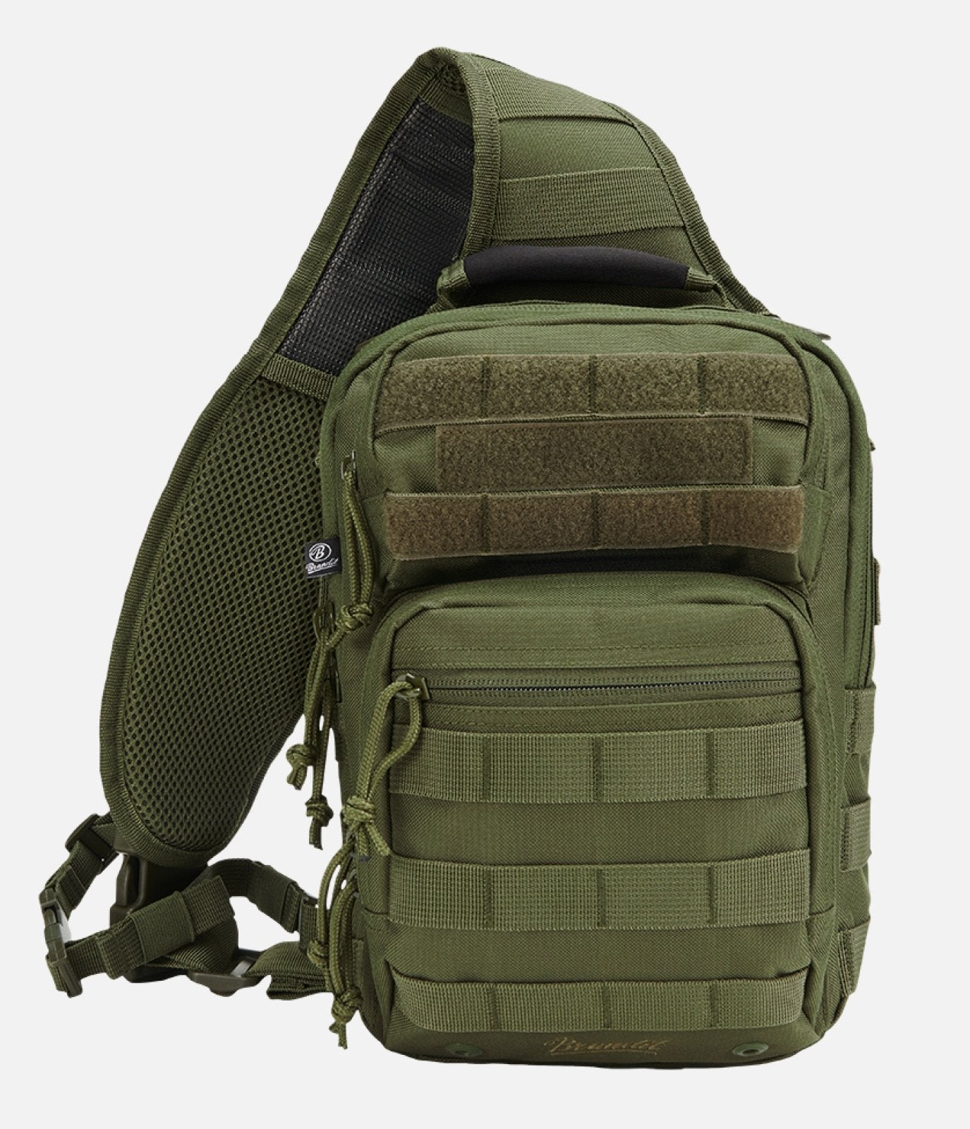 Green tactical sling bag with multiple compartments on a white background