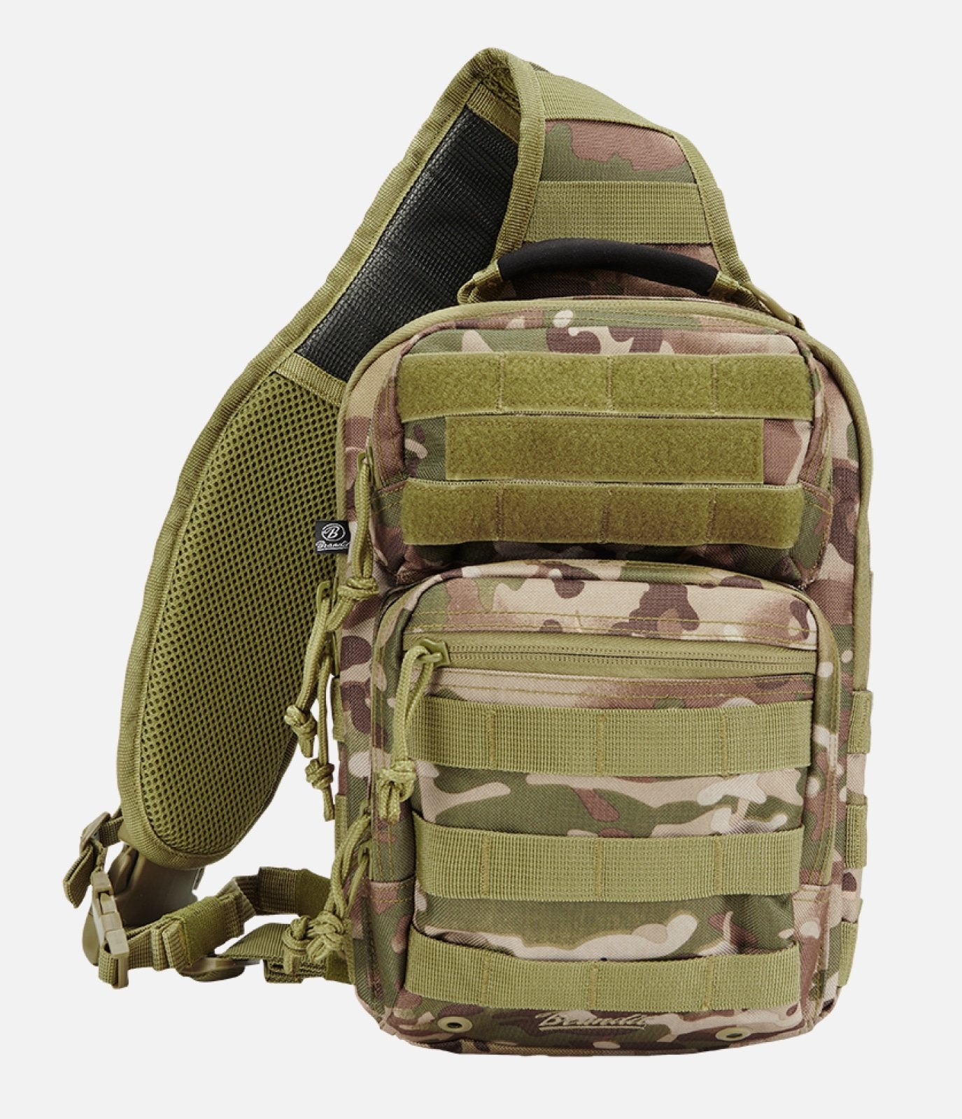 Camouflage sling bag with multiple pockets on a white background