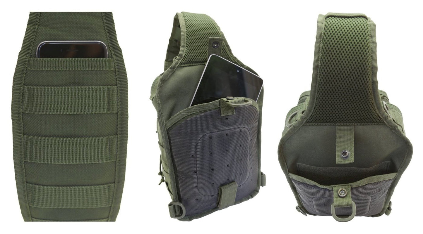 Green tactical backpack shown from front, side, and back views on a white background