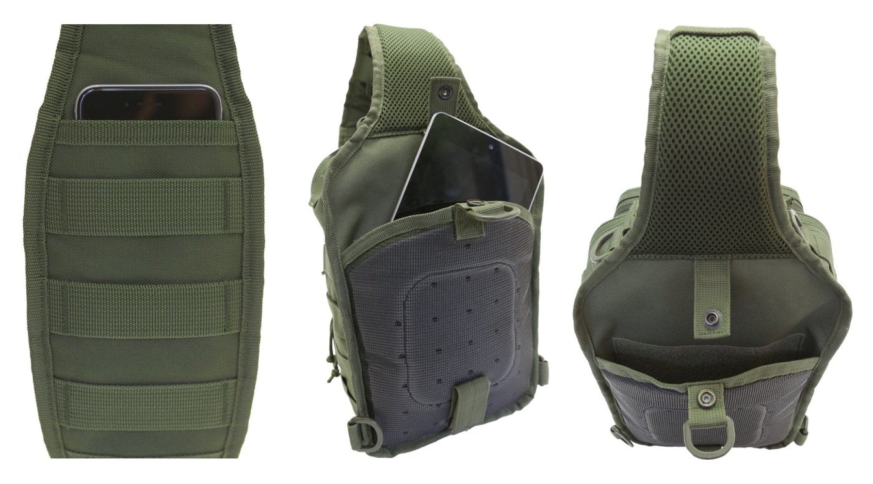 Green tactical backpack shown from front, side, and back views on a white background