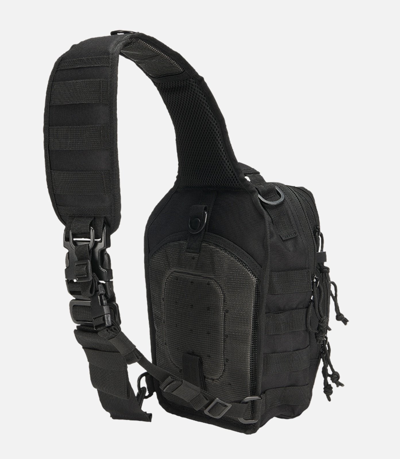 Black tactical sling bag on a white background