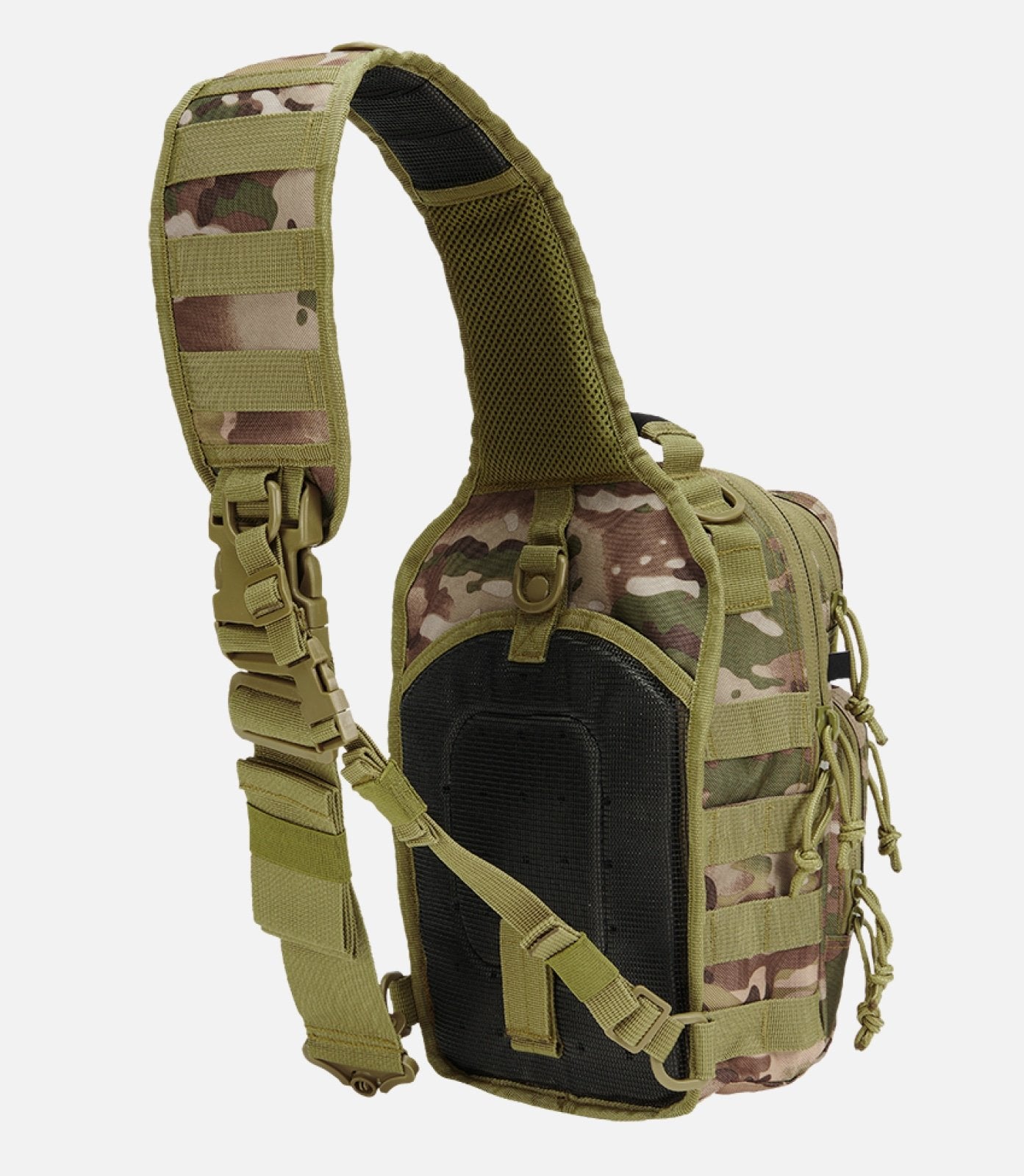 Camouflage tactical sling bag on a white background