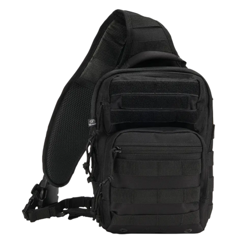 Black tactical sling bag on a white background