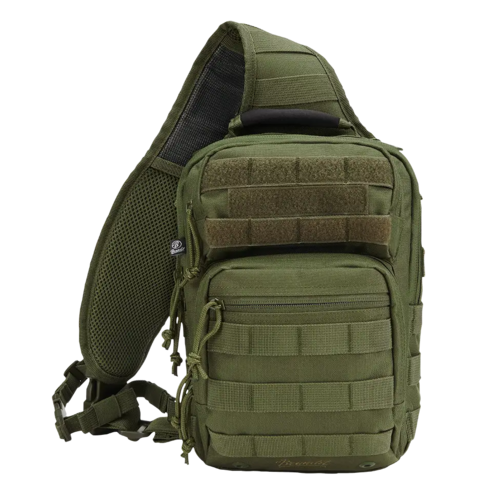 Green tactical sling bag on a white background