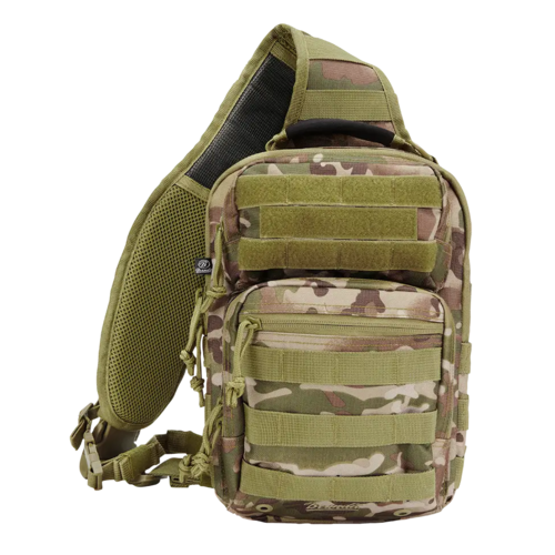 Camouflage sling bag with multiple pockets on a white background