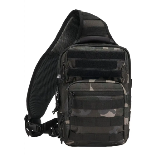Black and gray camouflage sling bag on a white background