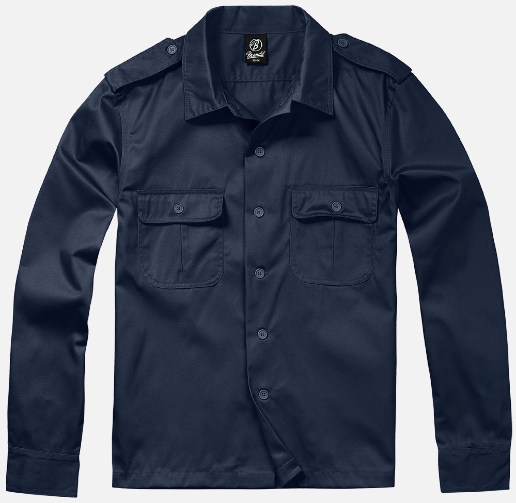 Navy blue shirt with button details on a light gray background