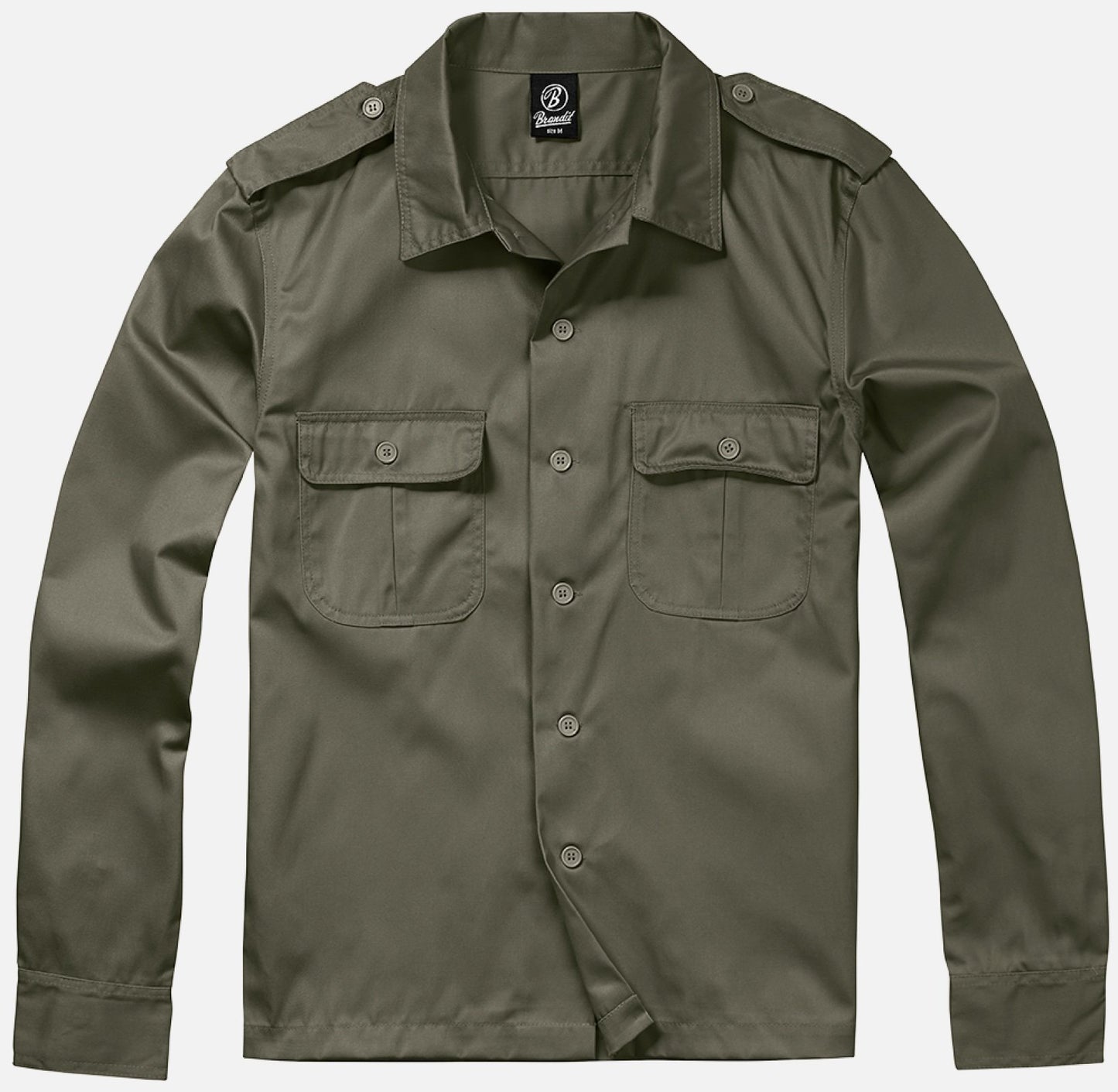 Green military-style shirt with button details on a light gray background