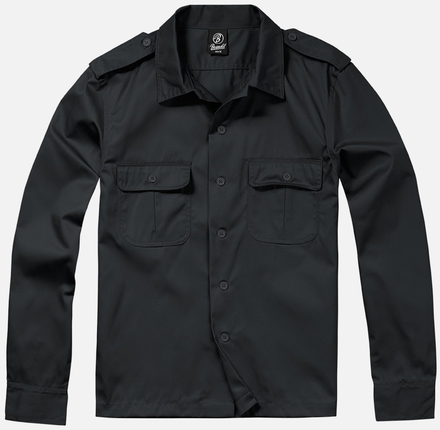 Black jacket with button details on a light gray background