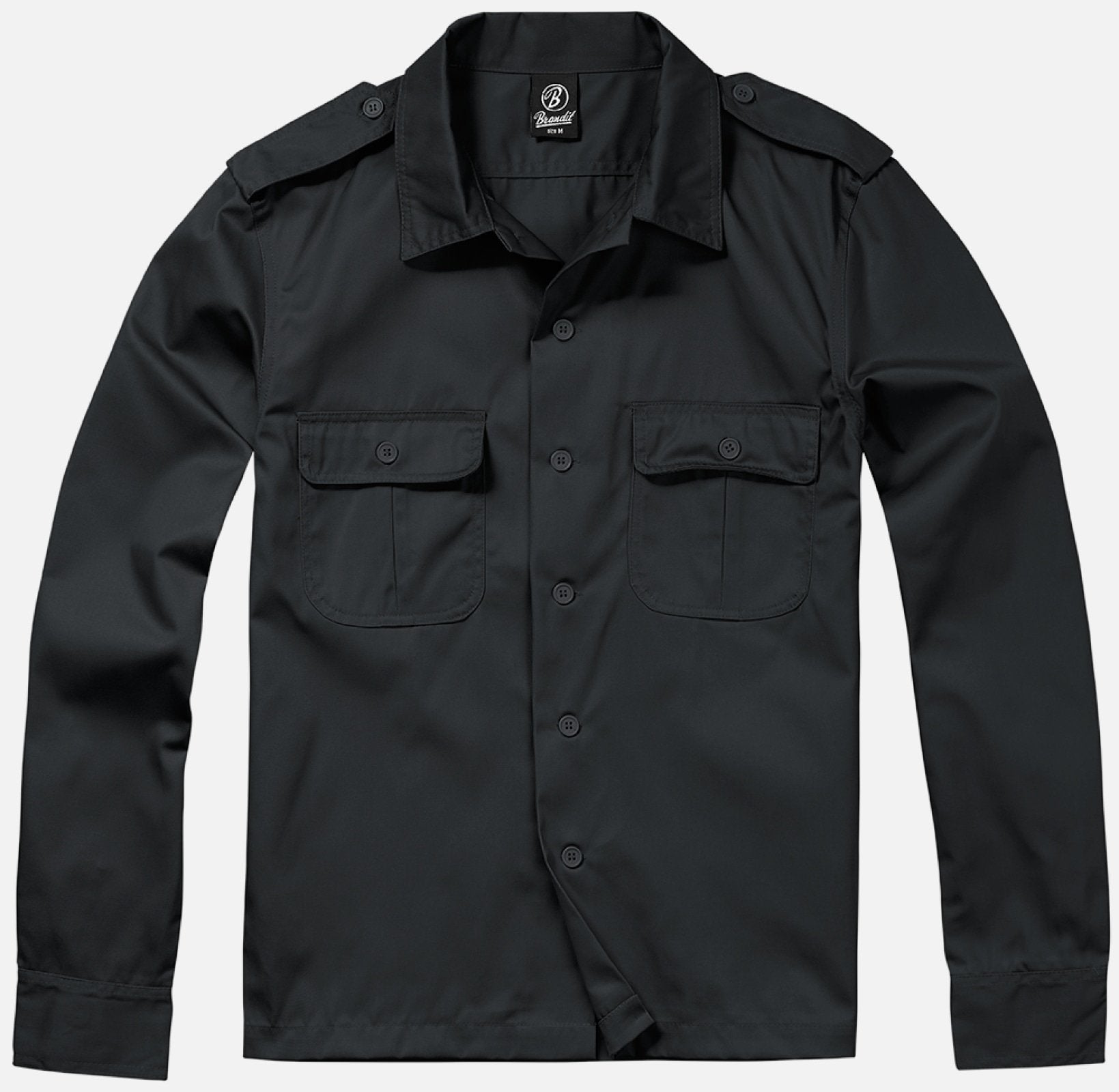 Black jacket with button details on a light gray background