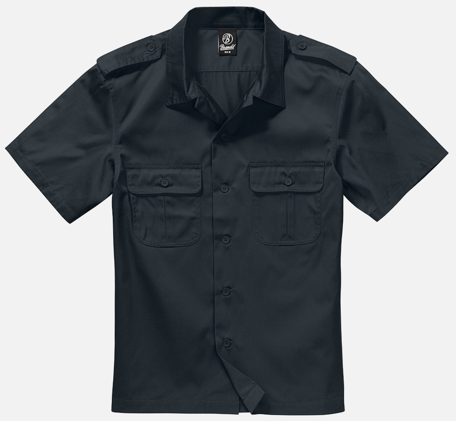 Black short-sleeve shirt with pockets on a white background