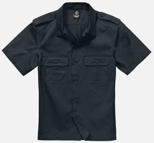 Black short-sleeve shirt with pockets on a white background