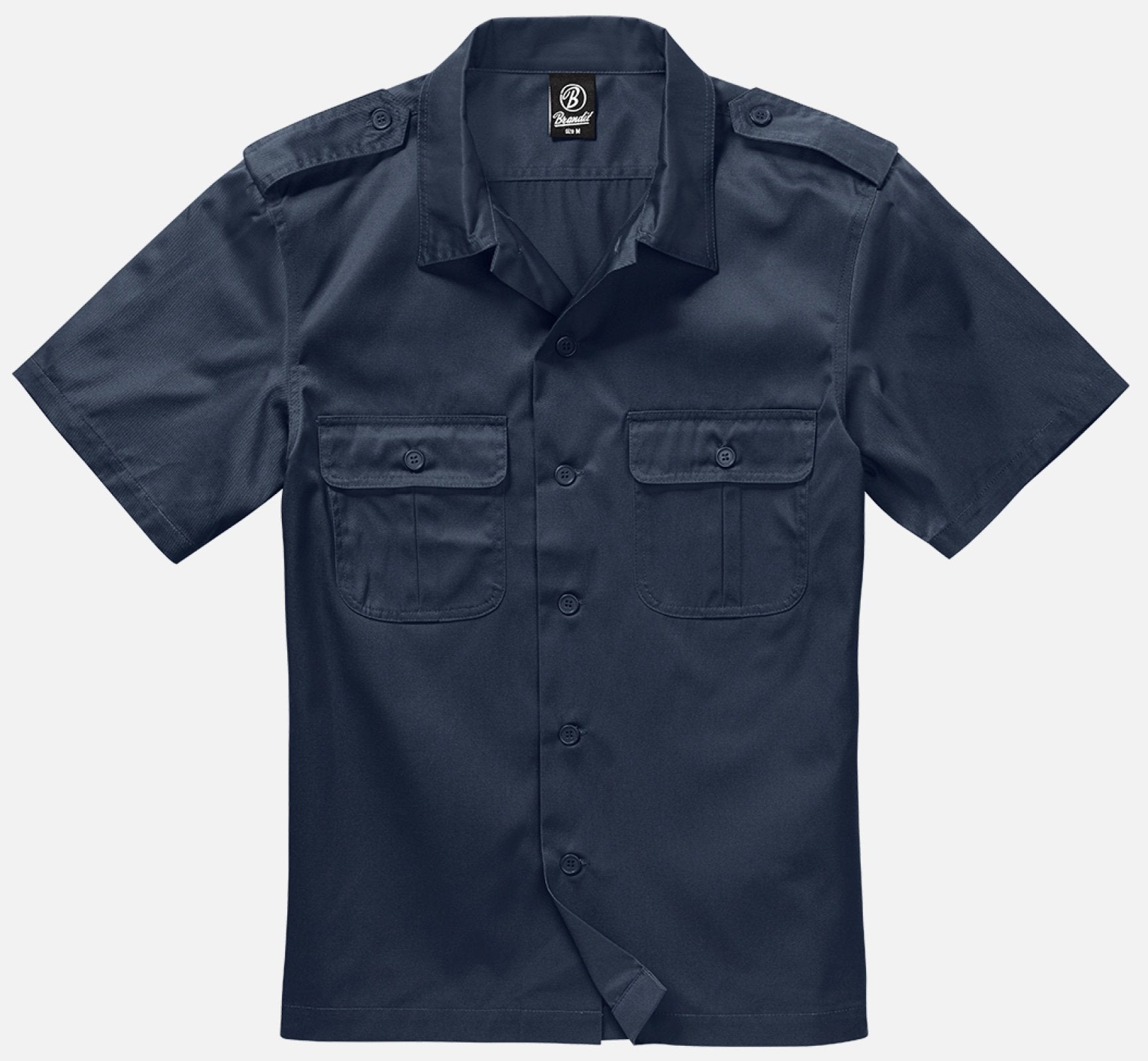 Navy short-sleeve shirt with two front pockets on a white background