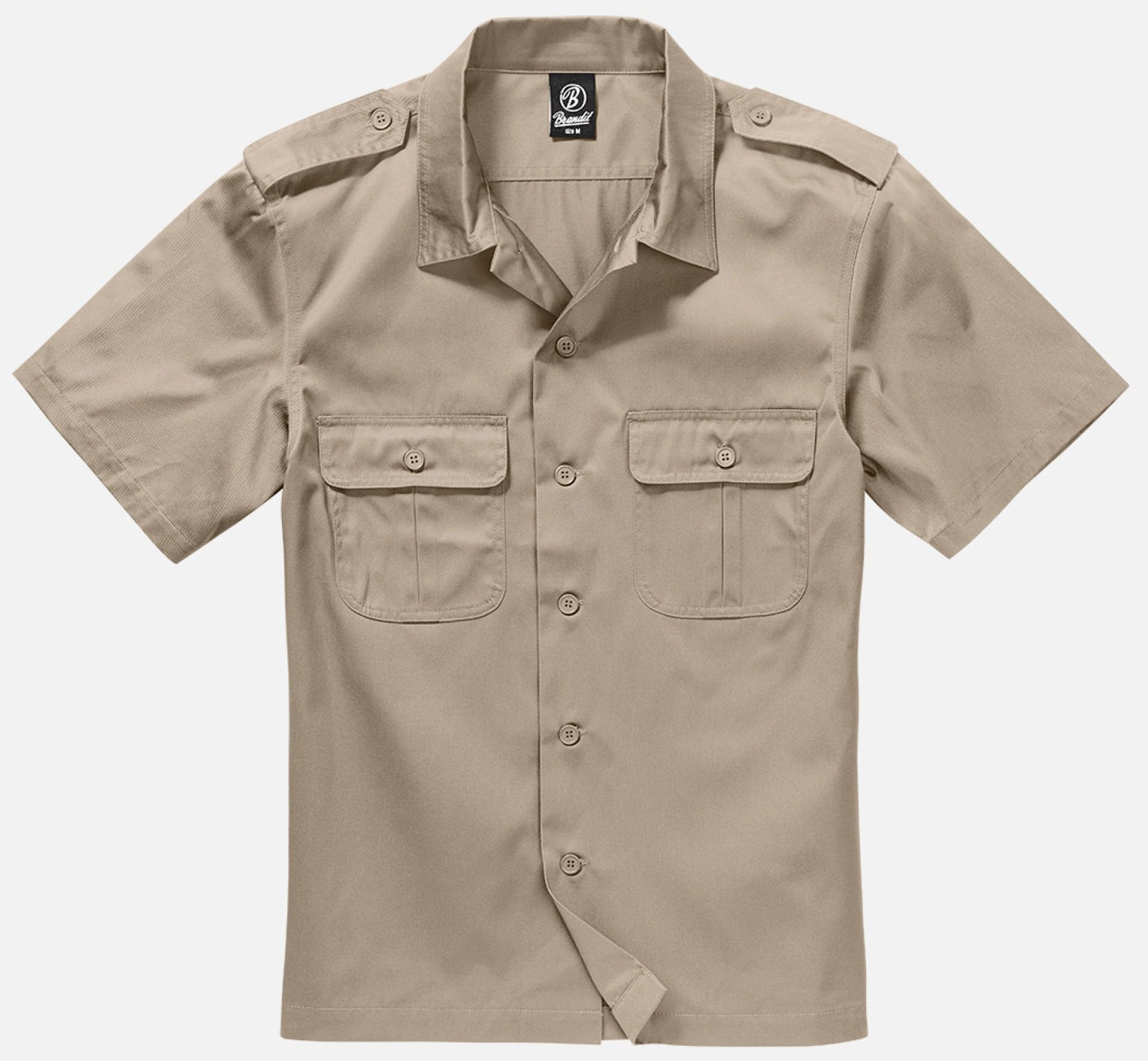Beige short-sleeve shirt with two front pockets on a white background