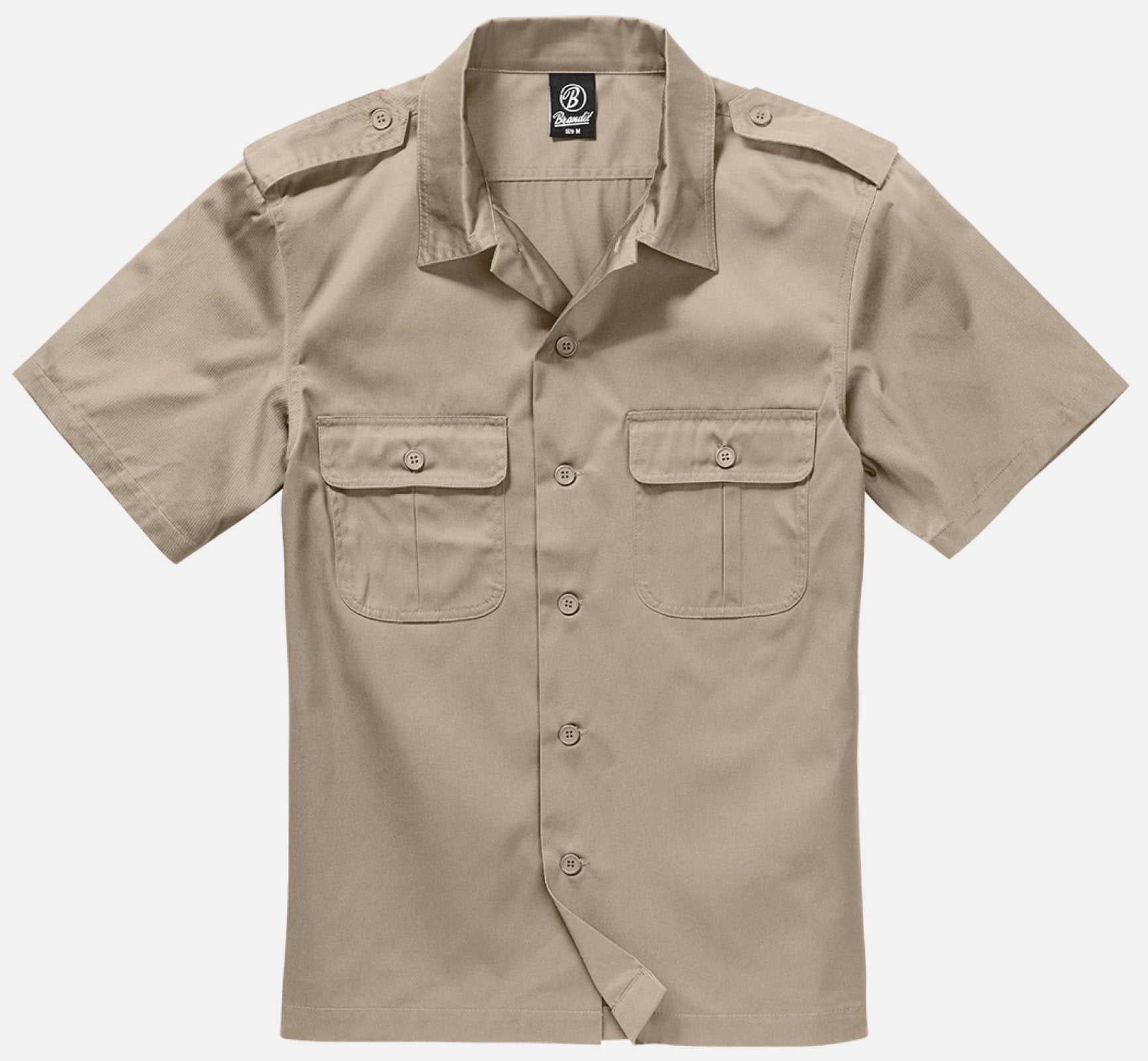 Beige short-sleeve shirt with two front pockets on a white background