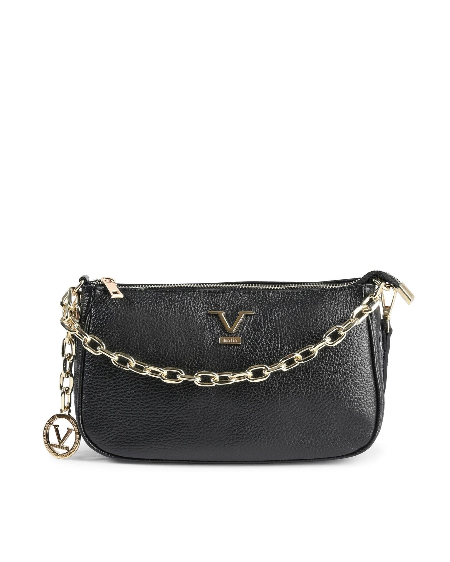 Black handbag with gold chain strap on a white background