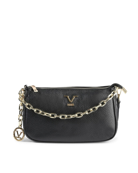 Black handbag with gold chain strap on a white background