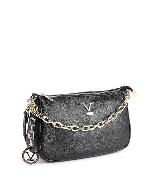 Black handbag with gold chain and logo on a white background