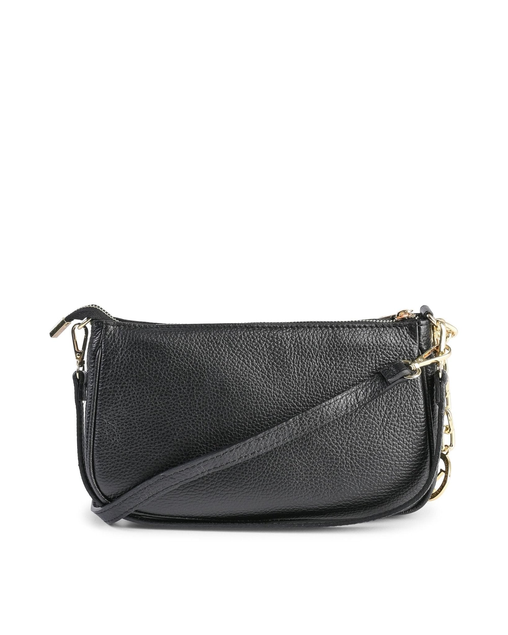 Black leather crossbody bag on a white background